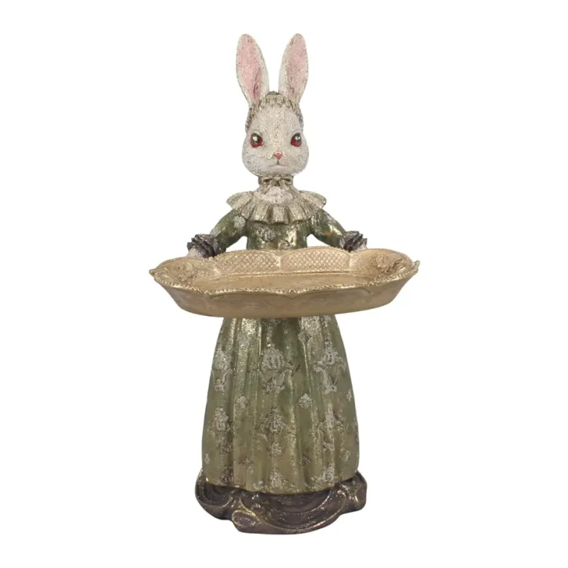 Deko-Hase mit Tablett und Kleid 28,5 cm aus Kunstharz Hasenfigur mit Tablett, 28,5 cm, aus Kunstharz mit grünem Kleid und goldfarbenem Tell