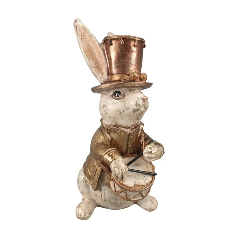 Hase mit Trommel, goldfarbenem Zylinder und Jacke, 16 cm, aus Kunstharz in Gold Hasenfigur mit Trommel, 16 cm, aus Kunstharz mit goldfarbenem Zylinder und Jacke