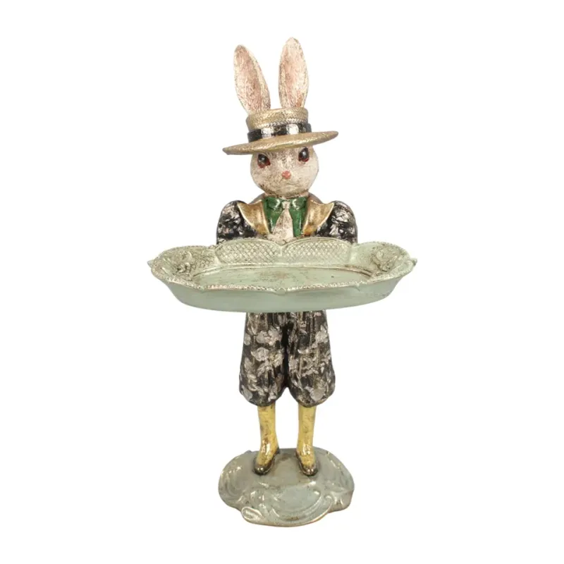 Hase mit Tablett in grünem Oberteil und dekorativem Teller 27,5 cm Hasenfigur mit Tablett, 27,5 cm, aus Kunstharz mit grünem Oberteil und dekorativem Teller