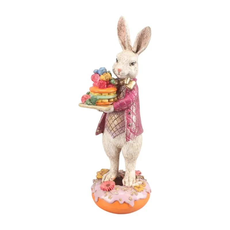 Hasenfigur mit rosafarbenem Mantel und buntem Kuchen 30 cm Hasenfigur mit Kuchen 30 cm aus Kunstharz, mit rosafarbenem Mantel und buntem Kuchen
