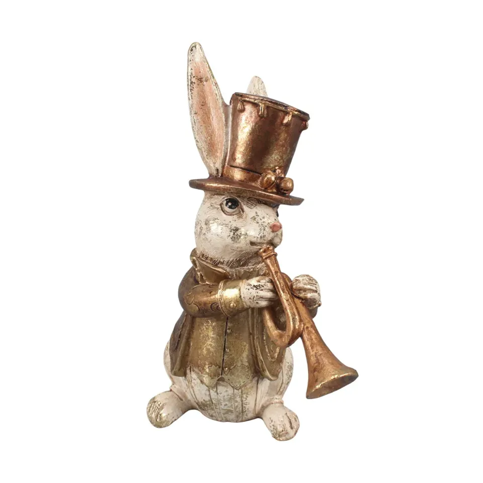 Hase mit Trompete, goldfarbenem Zylinder und Jacke, 17 cm, aus Kunstharz in Gold Hasenfigur mit Trompete, 17 cm, aus Kunstharz mit goldfarbenem Zylinder und Jacke