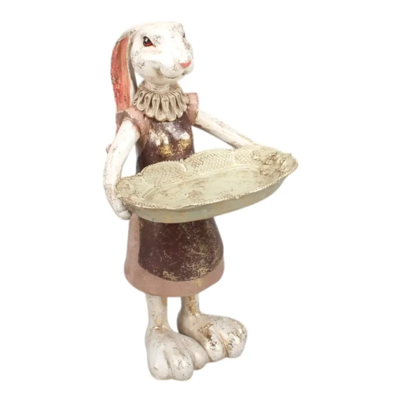 Hasenfigur, Kaninchen mit Tablett aus Kunstharz, 27 cm Hasenfigur aus Kunstharz, 27 cm, mit dekorativem Tablett und braunem Kleid