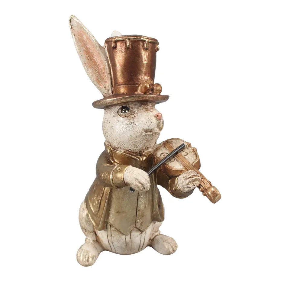 Hase mit Geige, goldfarbenem Zylinder und Jacke, 16 cm, aus Kunstharz in Gold Hasenfigur mit Geige, 16 cm, aus Kunstharz mit goldfarbenem Zylinder und Jacke