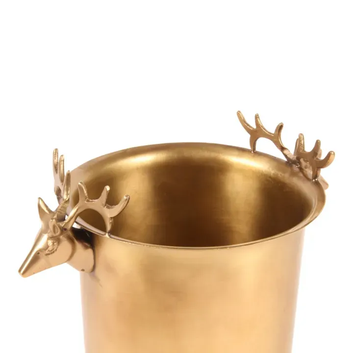 Weinkühler 24 cm aus Messing in Gold mit zwei Hirschkopfgriffen