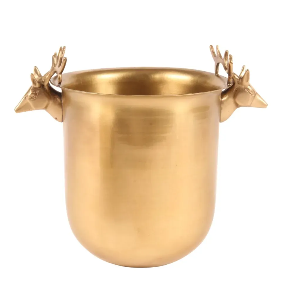 Weinkühler 24 cm aus Messing in Gold mit zwei Hirschkopfgriffen Goldfarbener Weinkühler aus Messing, 24 cm, mit zwei Hirschkopfgriffen