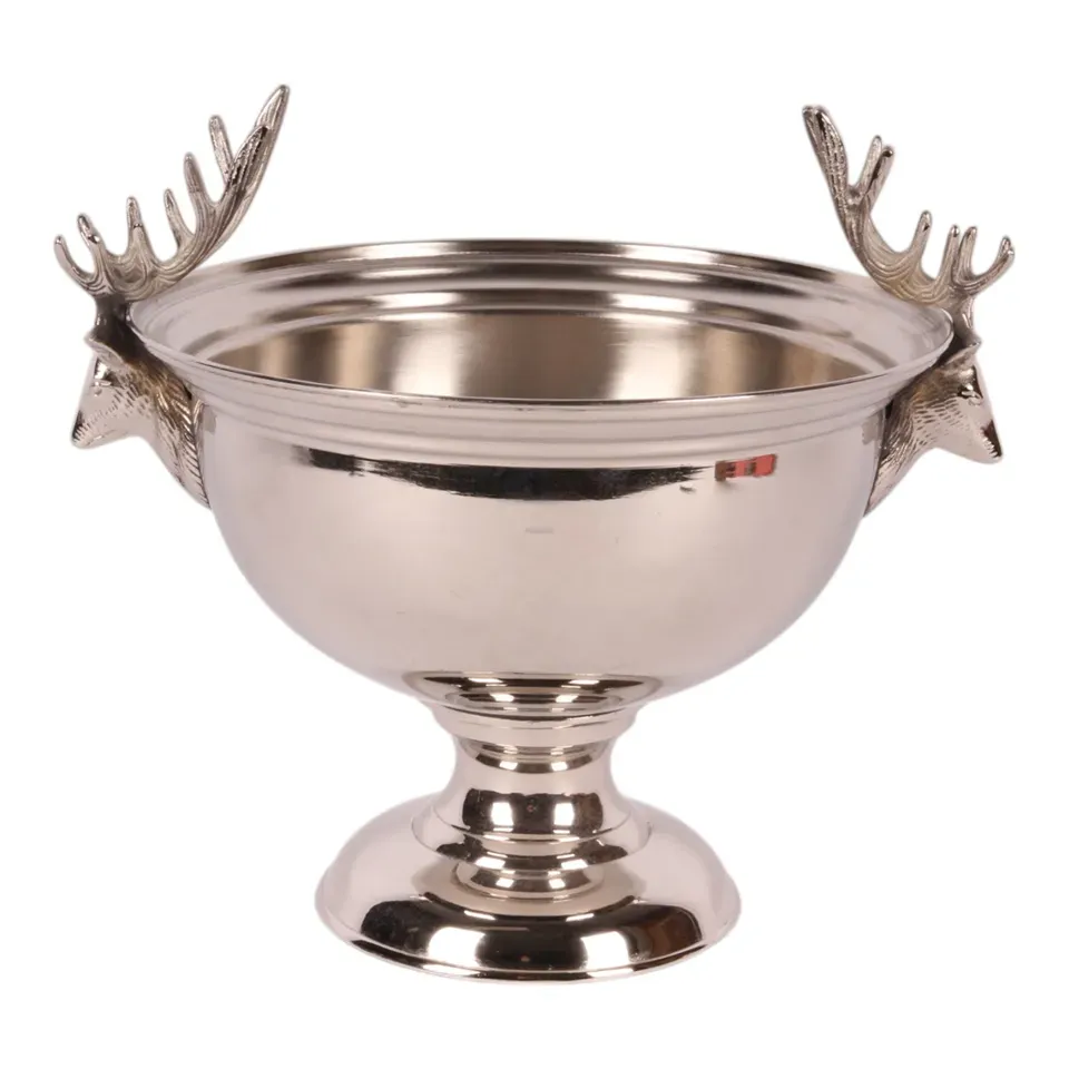 Weinkühler 27,5 cm aus Messing in Silber mit zwei Hirschkopfgriffen und Fuss Silberner Weinkühler aus Messing, 27,5 cm, mit zwei Hirschkopfgriffen und Fuss