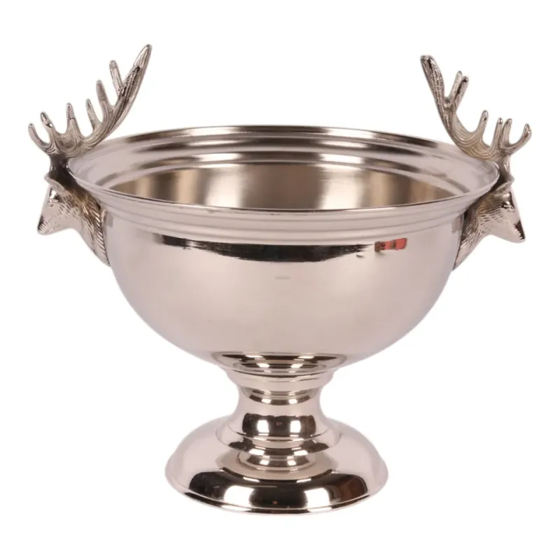 Weinkühler 27,5 cm aus Messing in Silber mit zwei Hirschkopfgriffen und Fuss Silberner Weinkühler aus Messing, 27,5 cm, mit zwei Hirschkopfgriffen und Fuss