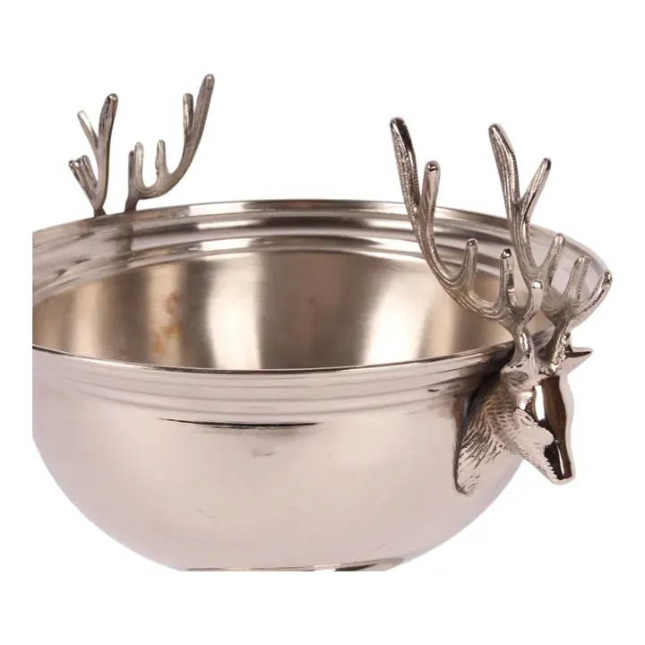 Weinkühler 27,5 cm aus Messing in Silber mit zwei Hirschkopfgriffen und Fuss