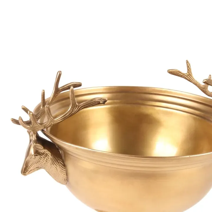 Weinkühler 27,5 cm aus Messing in Gold mit zwei Hirschkopfgriffen und Fuss