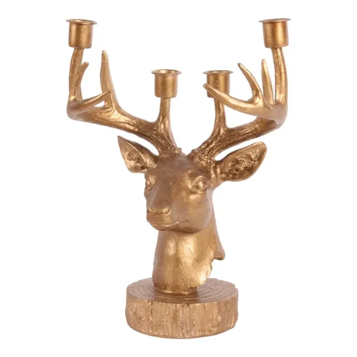 Kerzenhalter Hirsch 31,5 cm aus Kunstharz in Gold Goldener Kerzenhalter in Hirschkopfform aus Kunstharz mit vier Kerzenhaltern