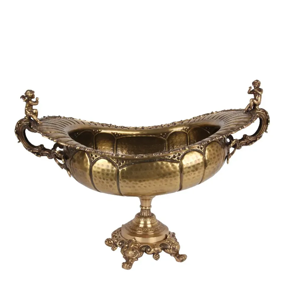 Schüssel mit 2 Engeln und Griffen, 75x41 cm, Gold Goldene ovale Schüssel aus Messing mit zwei Engelgriffen, 75x41 cm