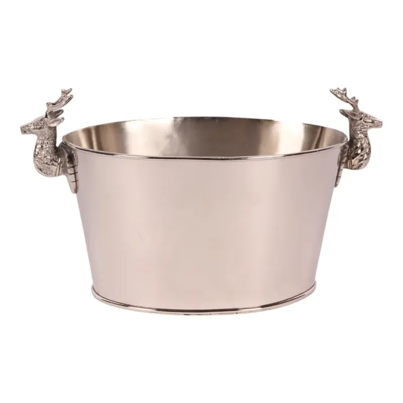 Weinkühler 24 cm aus Messing in Silber mit zwei Hirschkopfgriffen Silberner Weinkühler aus Messing, 24 cm hoch, mit zwei Hirschkopfgriffen