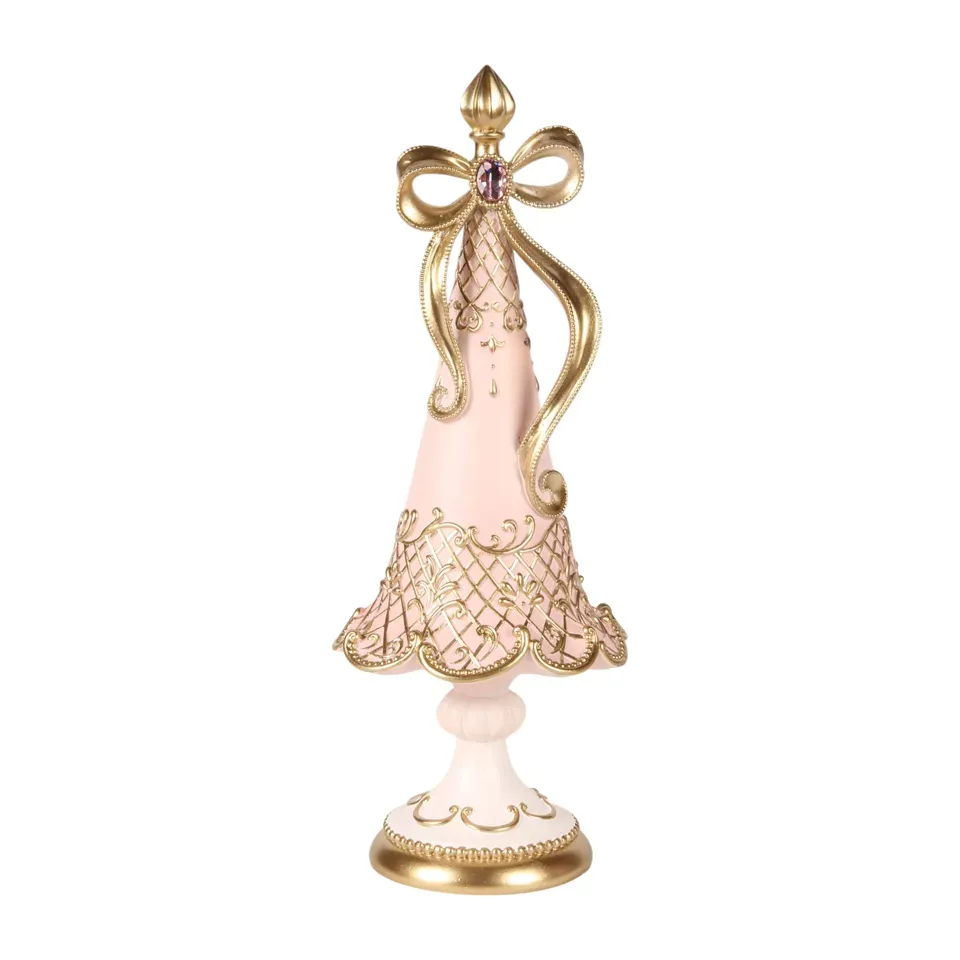 Weihnachtsbaum 35,5 cm in Rosa mit goldfarbenen Verzierungen und Schleife Rosa Weihnachtsbaum aus Kunstharz, 35,5 cm, mit goldfarbenen Verzierungen und Schleife