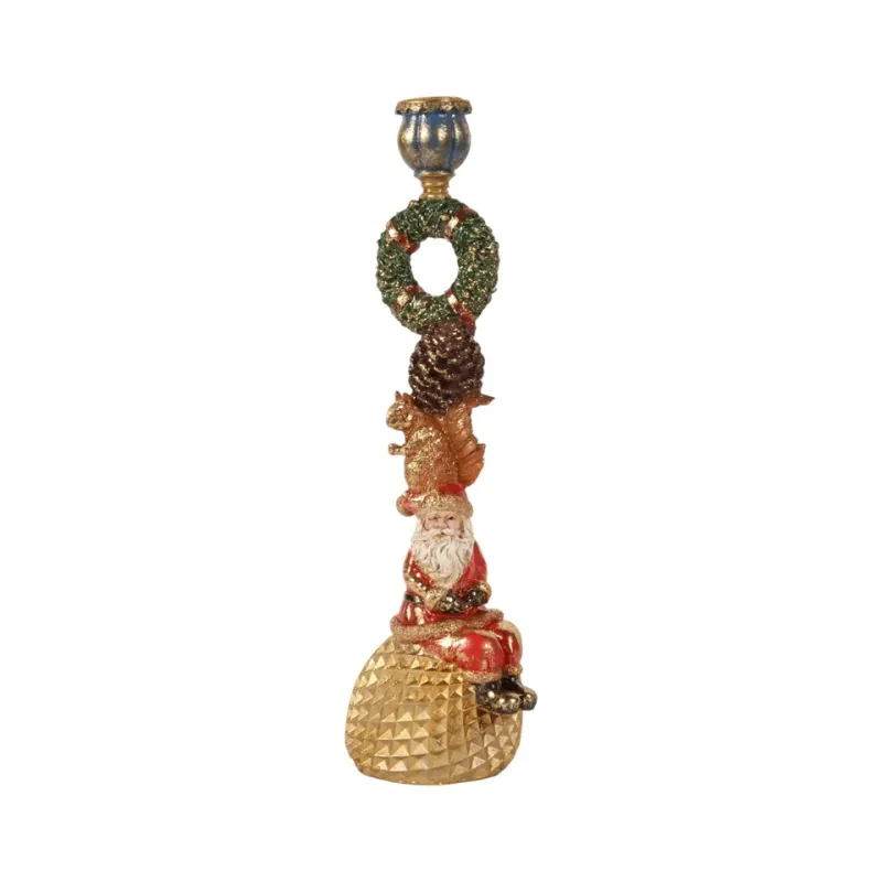 Weihnachtskerzenhalter aus Kunstharz, 36 cm, mit Weihnachtsmann, Eichhörnchen und Kranz Weihnachtskerzenhalter 36 cm aus Kunstharz in Gold