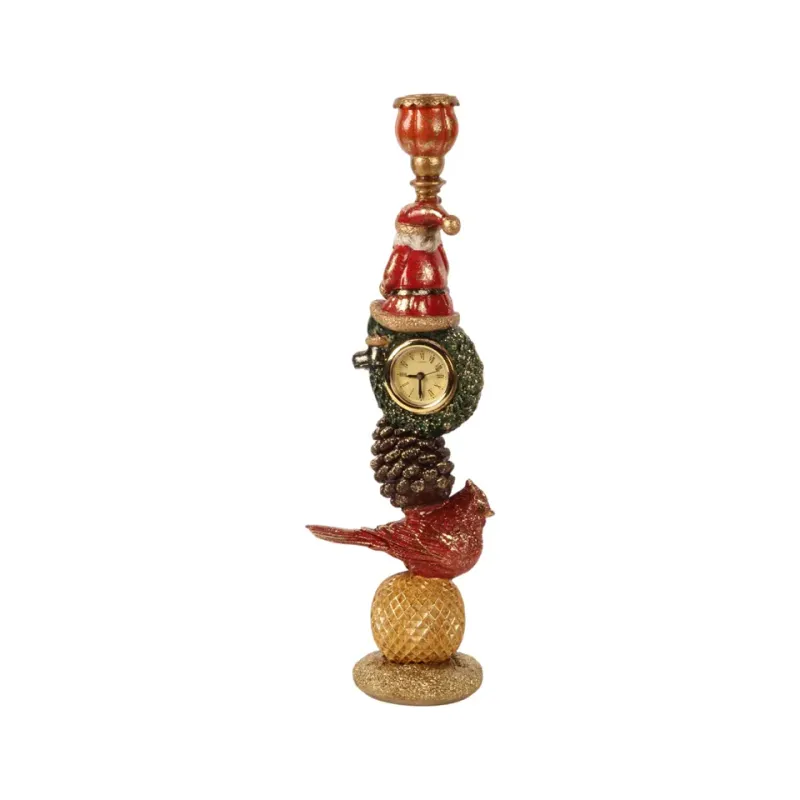 Weihnachtskerzenhalter aus Kunstharz, 39 cm, mit Uhr, Weihnachtsmann und rotem Vogel Weihnachtskerzenhalter mit Uhr, 39 cm, aus Kunstharz