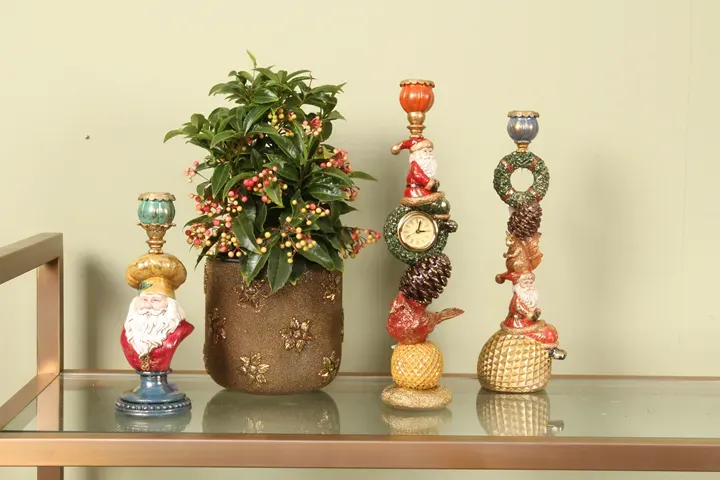 Weihnachtskerzenhalter aus Kunstharz, 39 cm, mit Uhr, Weihnachtsmann und rotem Vogel