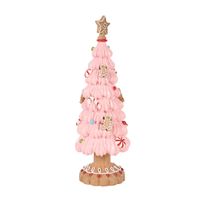 Weihnachtsbaum 31,5 cm in Rosa mit Lebkuchenfiguren, Zuckerstangen, bunten Kugeln und Stern Rosa Weihnachtsbaum aus Kunstharz mit Lebkuchenfiguren, Zuckerstangen, bunten Kugeln und Stern an der Spitze