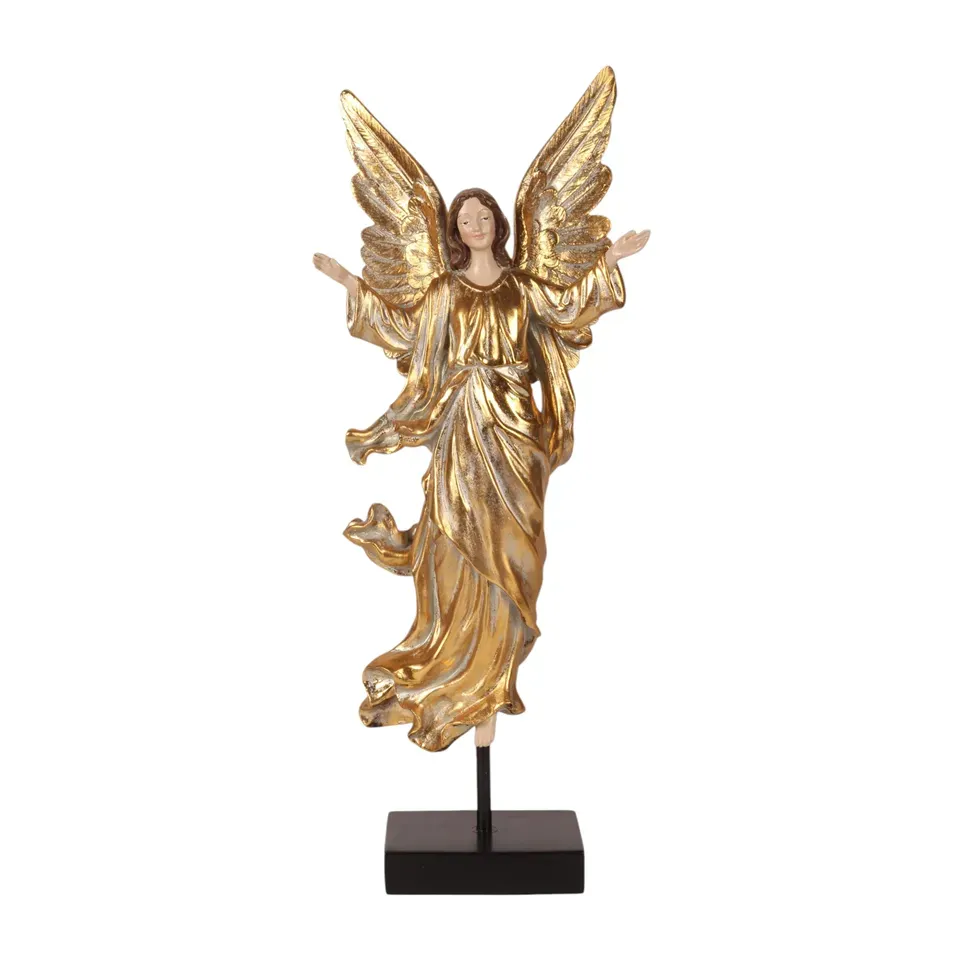 Engelfigur auf Fuss, 50 cm, mit goldfarbenen Flügeln und Gewand Engelfigur aus Kunstharz mit goldfarbenen Flügeln und Gewand auf schwarzem Fuss, 50 cm