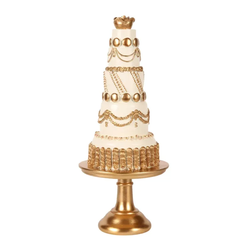 Dekofigur Torte 46 cm in Cremeweiss und Gold Dekorative Tortenfigur aus Kunstharz in Cremeweiss mit goldfarbenen Verzierungen und Fuss