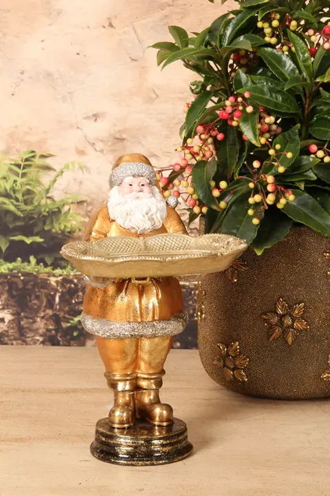 Weihnachtsmann mit Tablett, 24 cm, aus Kunstharz in Gold