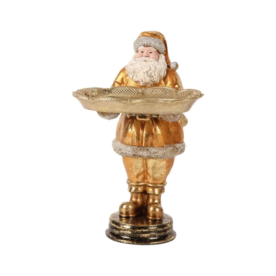 Weihnachtsmann mit Tablett, 24 cm, aus Kunstharz in Gold Goldfarbener Weihnachtsmann aus Kunstharz mit dekorativem Tablett