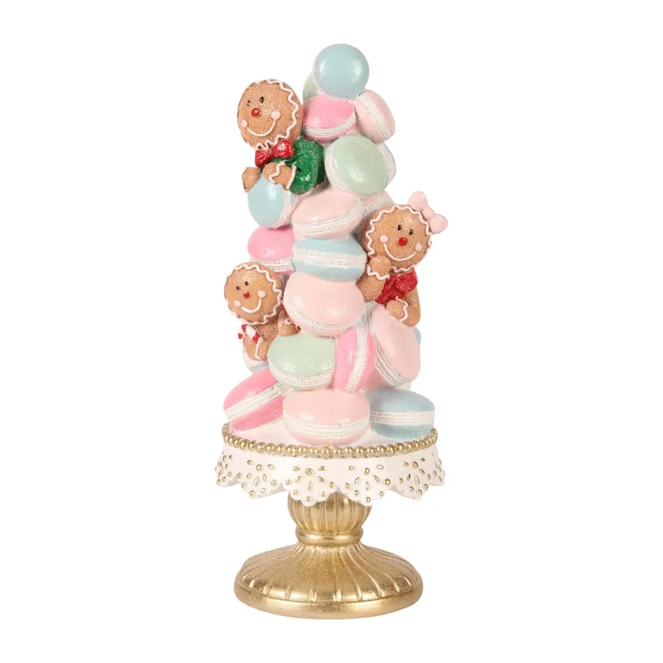 Weihnachtliche Tortenfigur 27 cm mit Makronen und Lebkuchenfiguren Dekorative Tortenfigur aus Kunstharz mit Makronen und Lebkuchenfiguren auf einem goldfarbenen Sockel