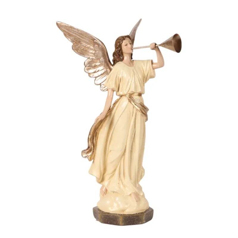 Engelfigur mit Trompete, 40,5 cm, aus Kunstharz Engelfigur aus Kunstharz, 40,5 cm, mit goldfarbenen Flügeln und Trompete auf dunklem Sockel