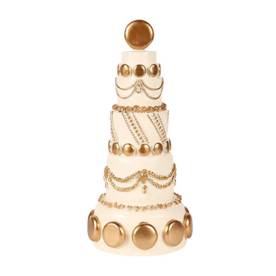 Dekofigur Torte 33,5 cm in Cremeweiss und Gold Mehrstöckige Tortenfigur aus Kunstharz in Cremeweiss mit goldfarbenen Verzierungen