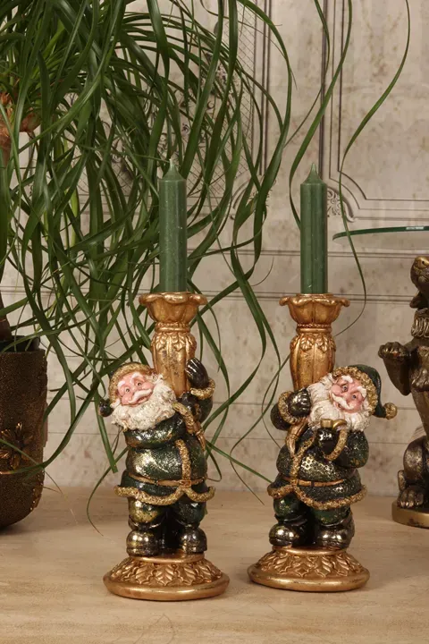 2er-Set Weihnachtsmann-Kerzenhalter 23 cm in Grün mit goldfarbenen Details
