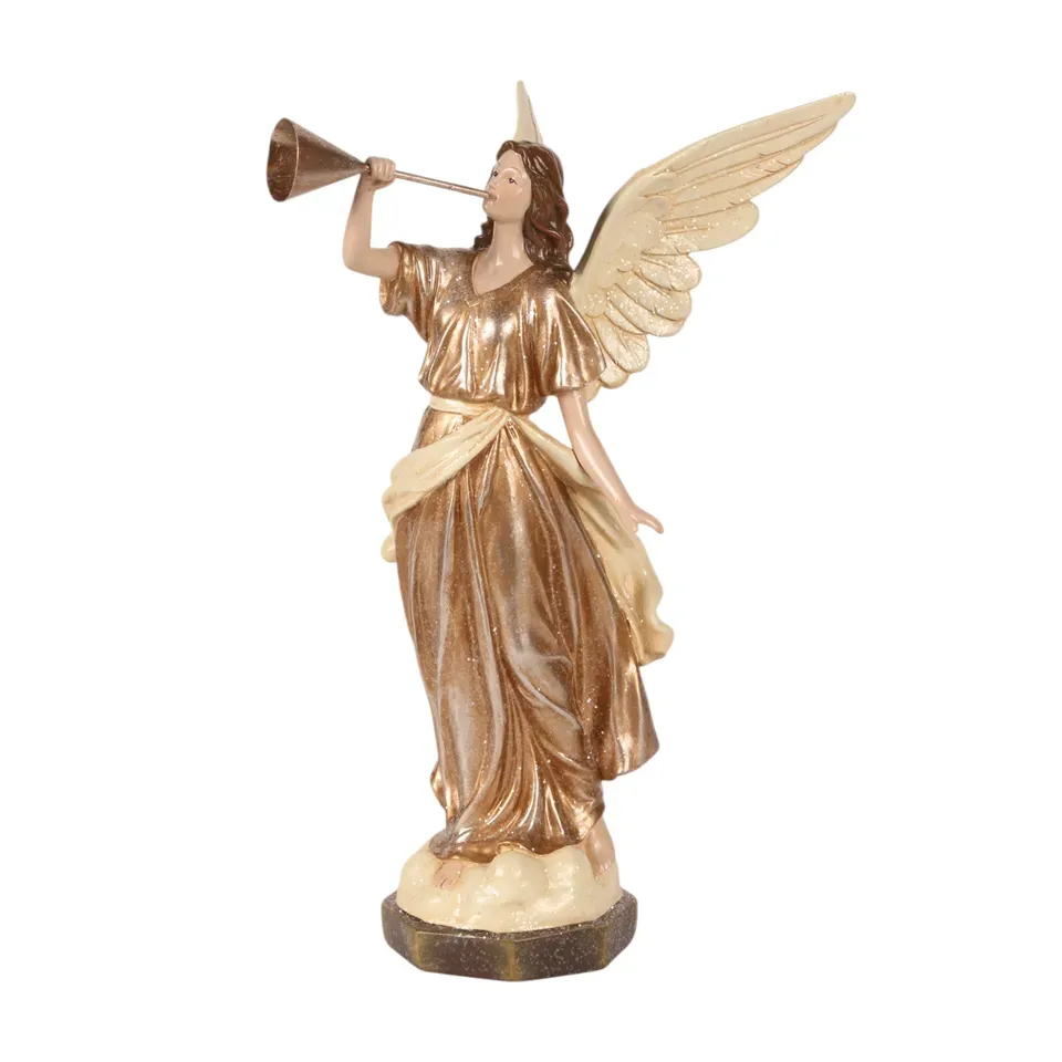 Engelfigur mit Trompete, 41 cm, mit Trompete, hellen Flügeln und goldfarbenem Gewand Engelfigur aus Kunstharz mit Trompete, hellen Flügeln und goldfarbenem Gewand, 41 cm