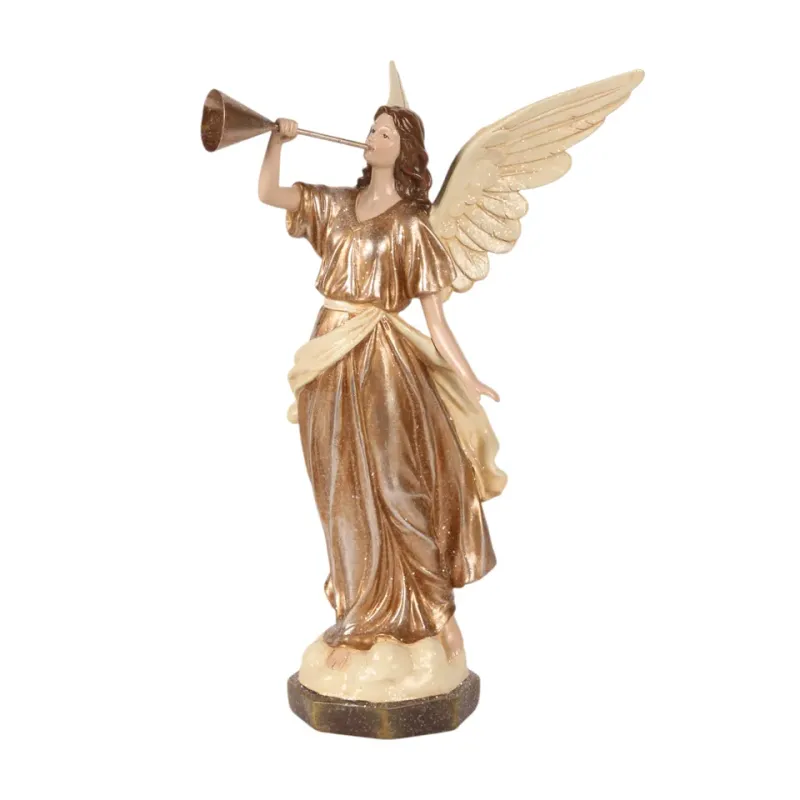 Engelfigur mit Trompete, 41 cm, mit Trompete, hellen Flügeln und goldfarbenem Gewand Engelfigur aus Kunstharz mit Trompete, hellen Flügeln und goldfarbenem Gewand, 41 cm