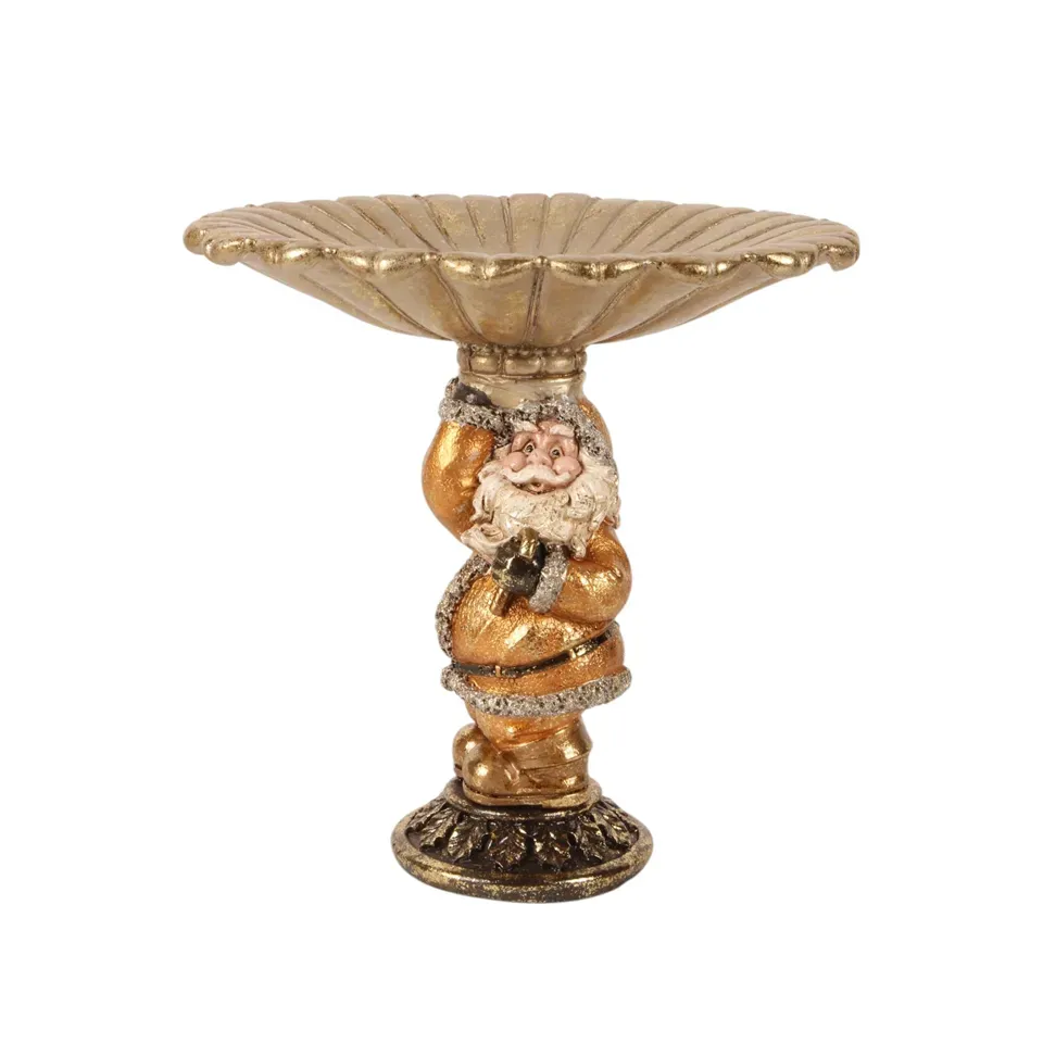 Weihnachtsmann mit Tablett, 24 cm, aus Kunstharz in Gold Goldfarbene Weihnachtsschale aus Kunstharz auf einem Fuss in Form eines Weihnachtsmanns