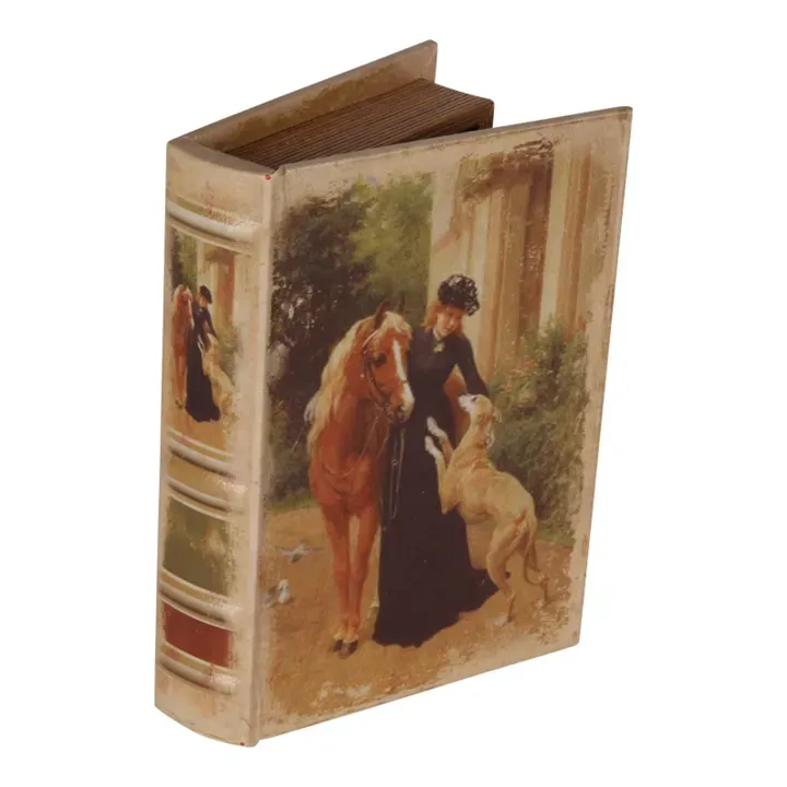 Aufbewahrungsbox - Vintage Buch 20 cm - Lady mit Pferd und Hund aus Kunstleder in Braun Braune Aufbewahrungsbox in Buchform mit Vintage-Bild einer Frau, einem Pferd und einem Hund