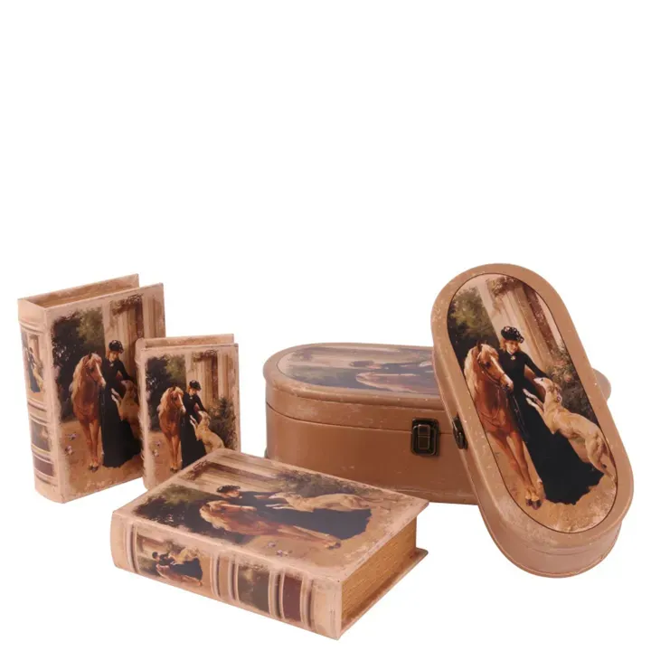 Aufbewahrungsbox - Vintage Buch 20 cm - Lady mit Pferd und Hund aus Kunstleder in Braun