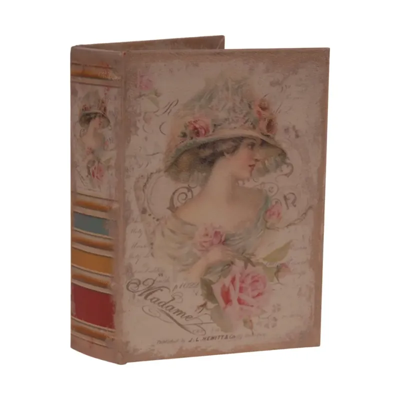 Vintage-Buch «Lady mit Blumenhut und Rosen» 23 cm aus Kunstleder in Rosa Buchförmige Aufbewahrungsbox mit Vintage-Motiv einer Frau mit Blumenhut und Rosen