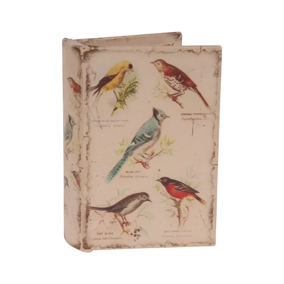 Aufbewahrungsbox - Vintage-Vogelbuch II 15 cm aus Kunstleder in Beige Beigefarbene Aufbewahrungsbox in Buchform mit verschiedenen Vogelillustrationen im Vintage-Stil