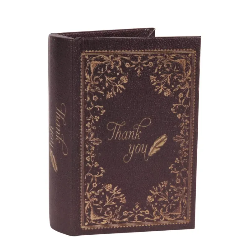 Geschenkbox - Vintage-Buch «Thank You» 15 cm in Braun Braune Aufbewahrungsbox in Buchform mit goldenem «Thank you»-Schriftzug und floralen Ornamenten