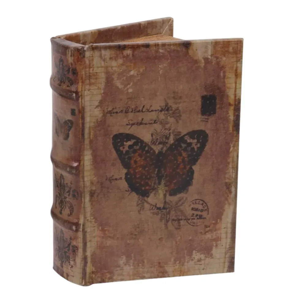 Geschenkbox - Vintage-Schmetterlingsbuch 15 cm aus Kunstleder in Braunn Braune Aufbewahrungsbox in Buchform mit dunklem Schmetterlingsmotiv im Vintage-Stil