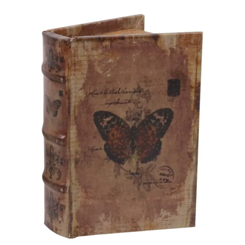 Geschenkbox - Vintage-Schmetterlingsbuch 15 cm aus Kunstleder in Braunn Braune Aufbewahrungsbox in Buchform mit dunklem Schmetterlingsmotiv im Vintage-Stil