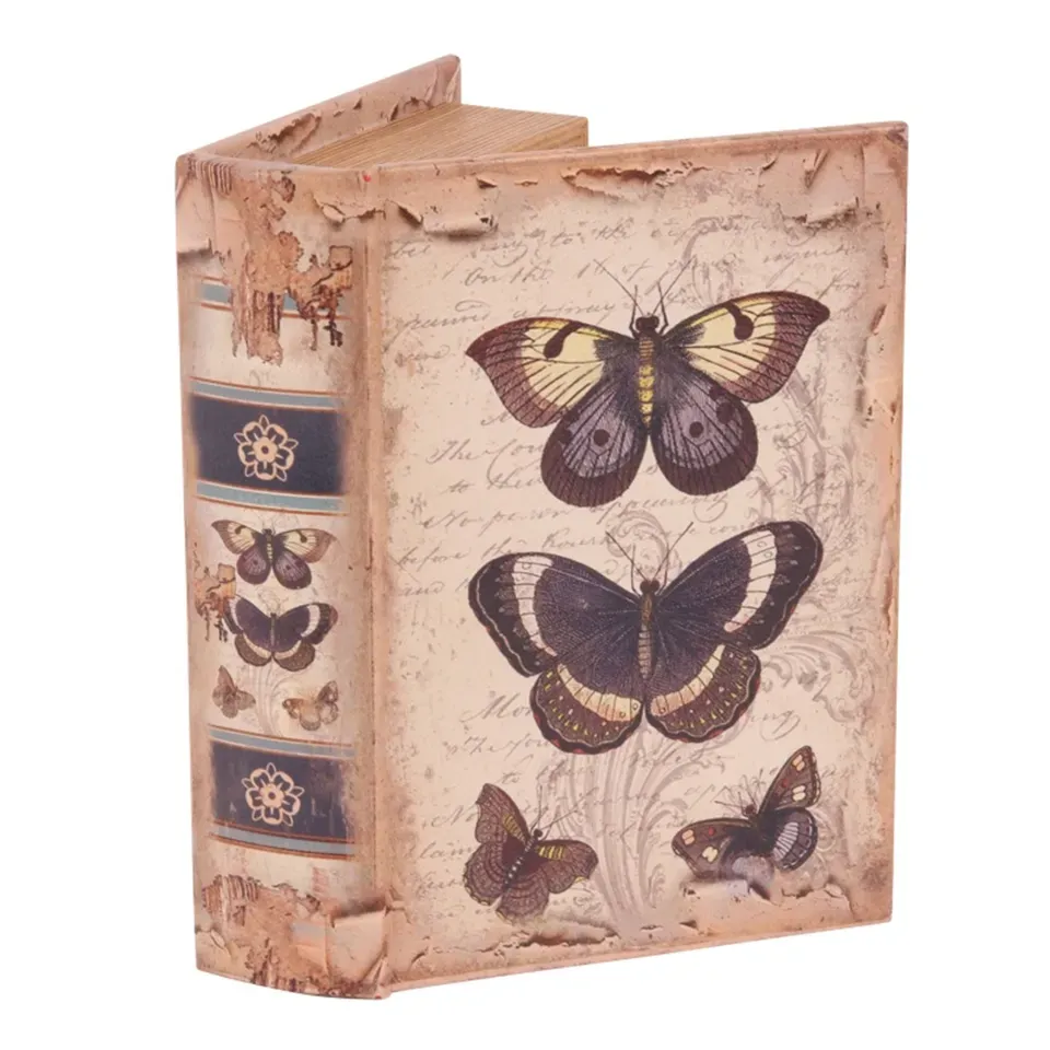 Braune Aufbewahrungsbox in Buchform mit grossen Schmetterlingsmotiven im Vintage-Stil