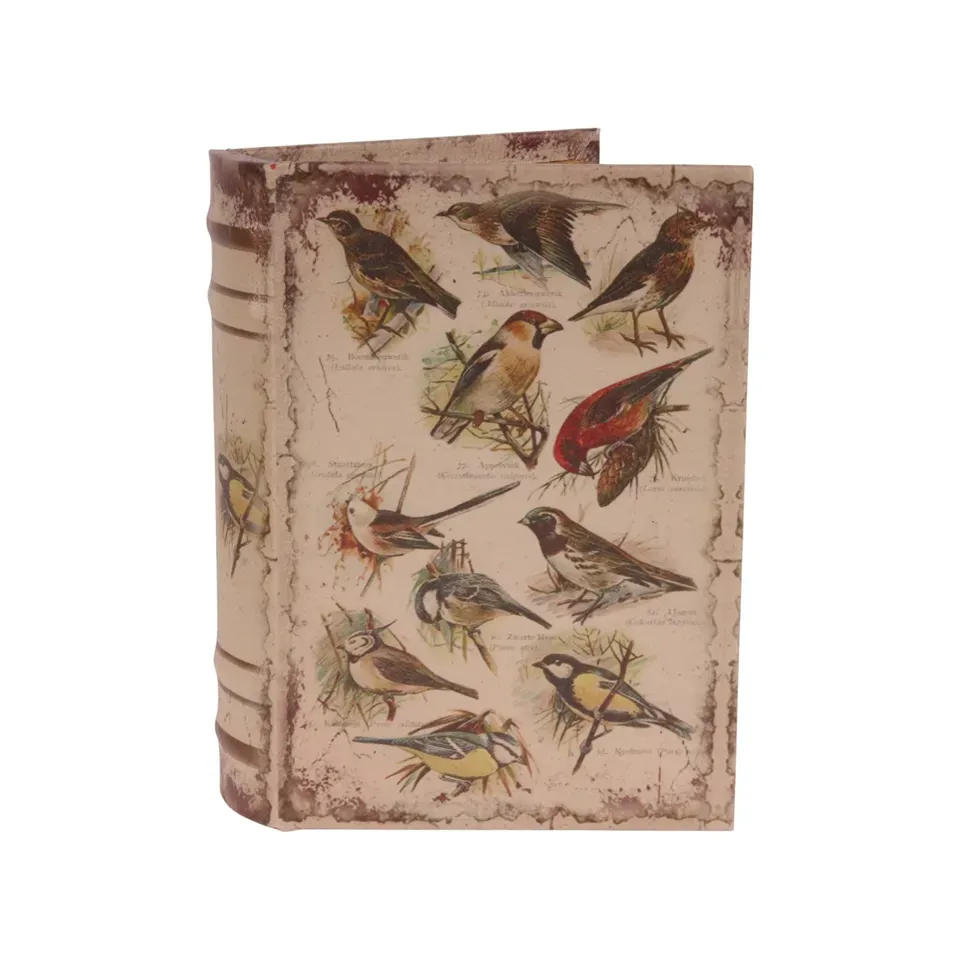Beigefarbene Aufbewahrungsbox in Buchform mit illustrierten Vogelmotiven im Vintage-Stil