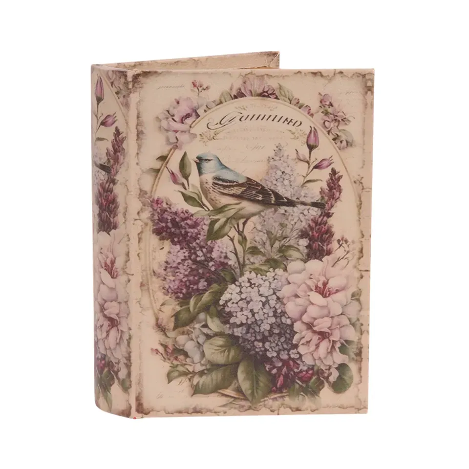 Buchförmige Aufbewahrungsbox mit Vintage-Blumenmotiv, lila Blüten und Vogelillustration