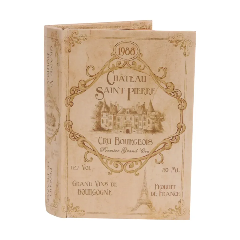 Aufbewahrungsbox - in Buchform mit Vintage-Aufdruck «Château Saint-Pierre» 20 cm Beigefarbene Aufbewahrungsbox in Buchform mit Vintage-Aufdruck «Château Saint-Pierre» und Schlossmotiv
