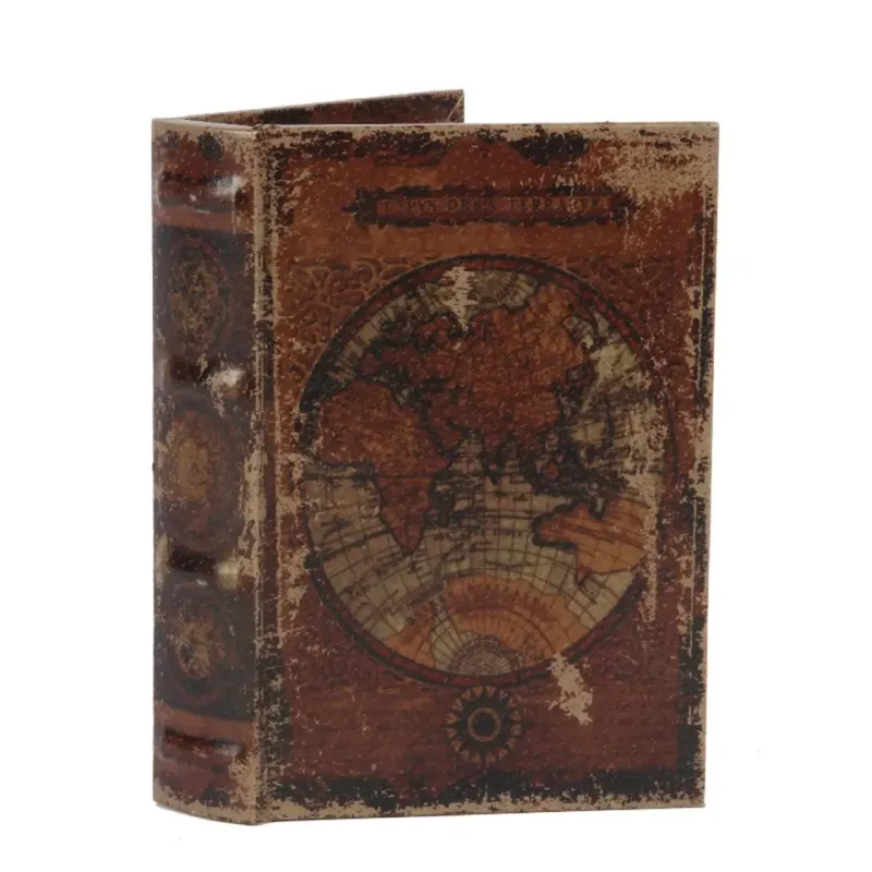 Geschenkbox - Vintage-Weltkartenbuch 20 cm aus Kunstleder in Braun Braune Aufbewahrungsbox in Buchform mit Weltkartenmotiv im Vintage-Stil