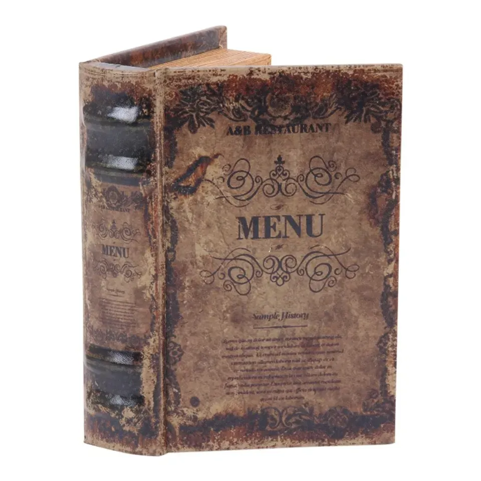 Aufbewahrungsbox - Vintage-Menübuch 15 cm aus Kunstleder in Braun Braune Aufbewahrungsbox in Buchform mit Vintage-Menü-Aufdruck