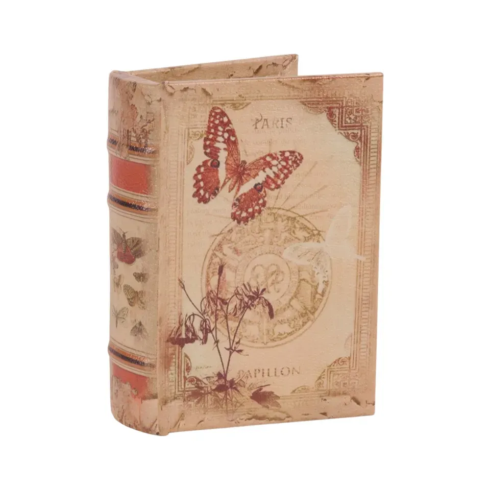 Beigefarbene Aufbewahrungsbox in Buchform mit Schmetterlingsmotiv und Vintage-Aufdruck