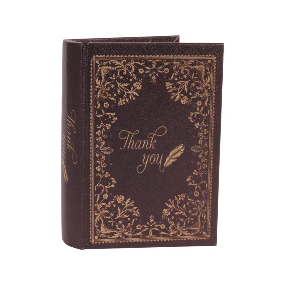 Geschenkbox - Vintage-Buch «Thank You» 20 cm in Braun Braune Aufbewahrungsbox in Buchform mit goldenem «Thank you»-Schriftzug und floralen Ornamenten
