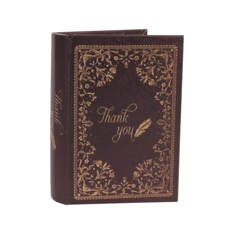 Geschenkbox - Vintage-Buch «Thank You» 20 cm in Braun Braune Aufbewahrungsbox in Buchform mit goldenem «Thank you»-Schriftzug und floralen Ornamenten