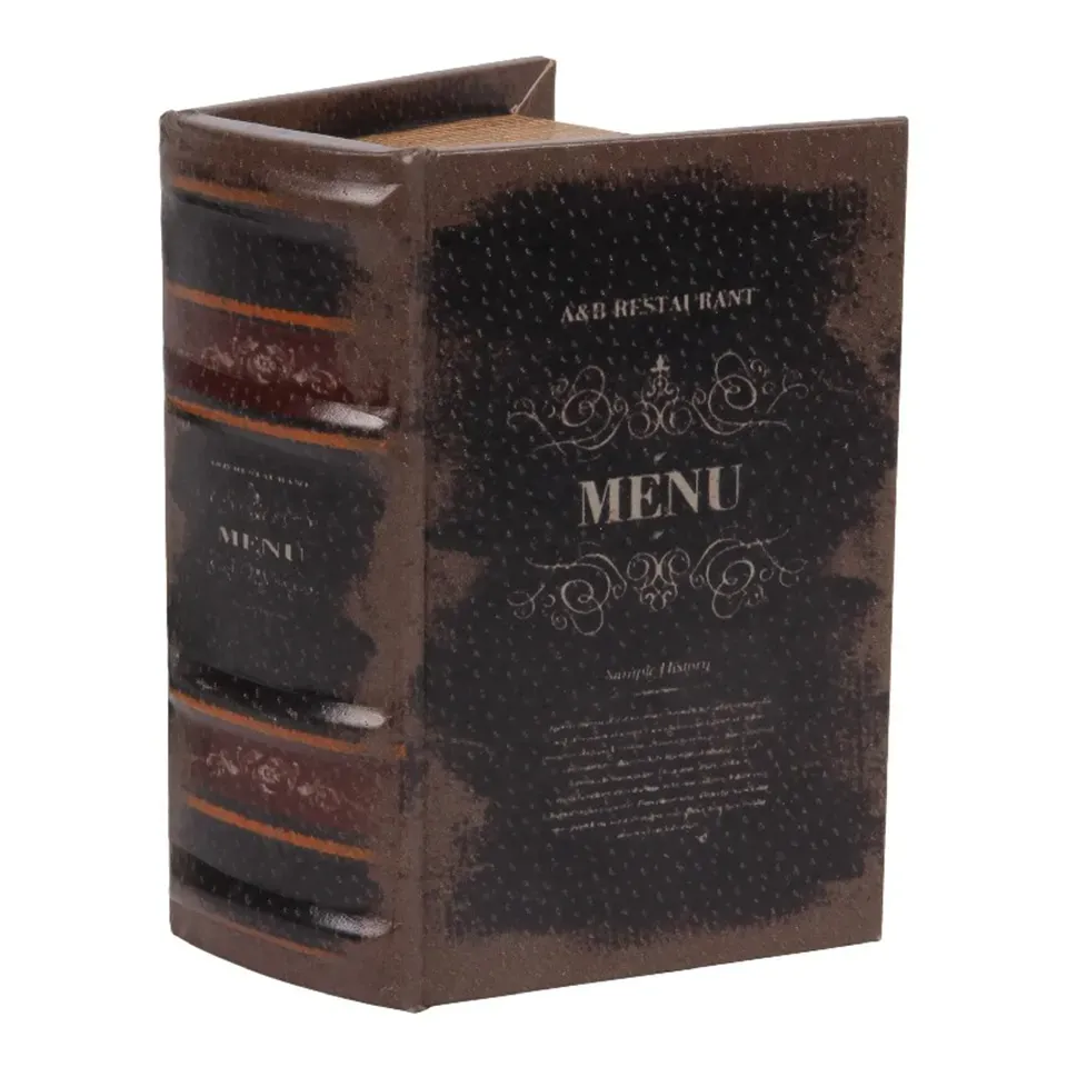 Geschenkbox - Vintage-Menübuch 15 cm in Schwarz und Braun Buchförmige Aufbewahrungsbox mit Vintage-Menü-Aufdruck in Schwarz und Braun