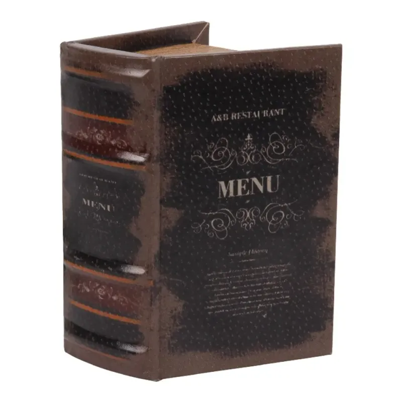 Geschenkbox - Vintage-Menübuch 15 cm in Schwarz und Braun Buchförmige Aufbewahrungsbox mit Vintage-Menü-Aufdruck in Schwarz und Braun